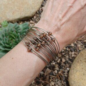 90s Vintage Festival Bracelet, Wire-Wrapped Beaded Adjustable Cuff Bracelet